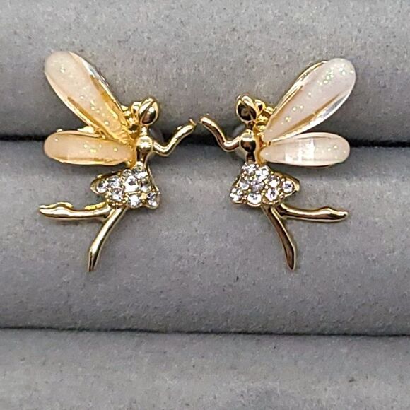 Fairy Elf Pixie Wing Rhinestone Stud Earrings Tinkerbell Folk Fantasy Enchanting - Picture 4 of 4